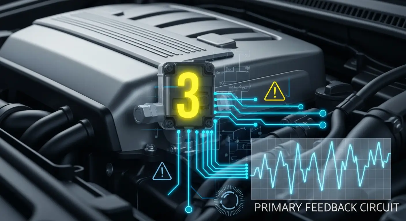 Ilustracija prikazuje elektronsku šemu automobila sa označenim Ignition Coil 3 i prikazom primarnog kola za povratnu informaciju, uz istaknute žice i konektore.