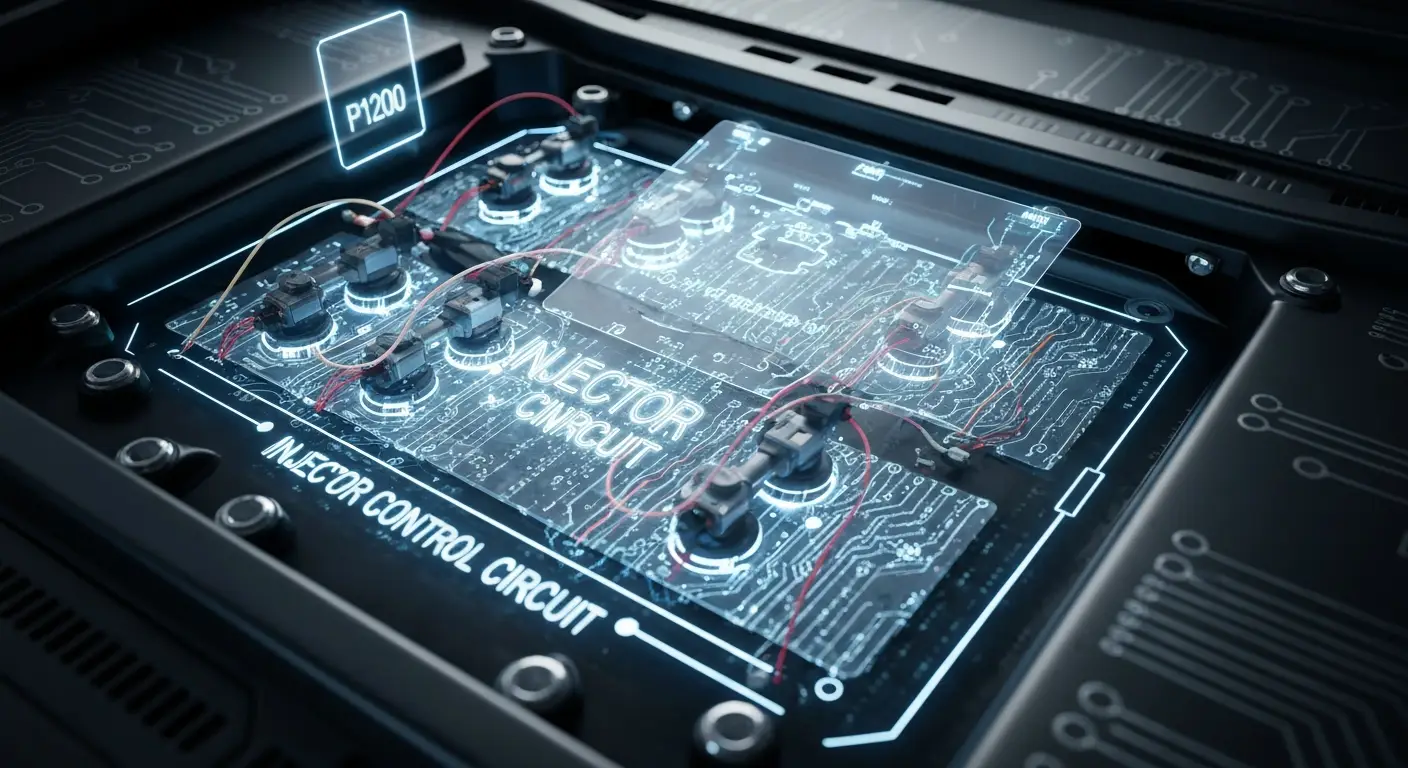Ilustracija šeme električnog kola sa oznakom P1200, prikazujući injektor goriva i kontrolnu jedinicu motora povezane žicama.