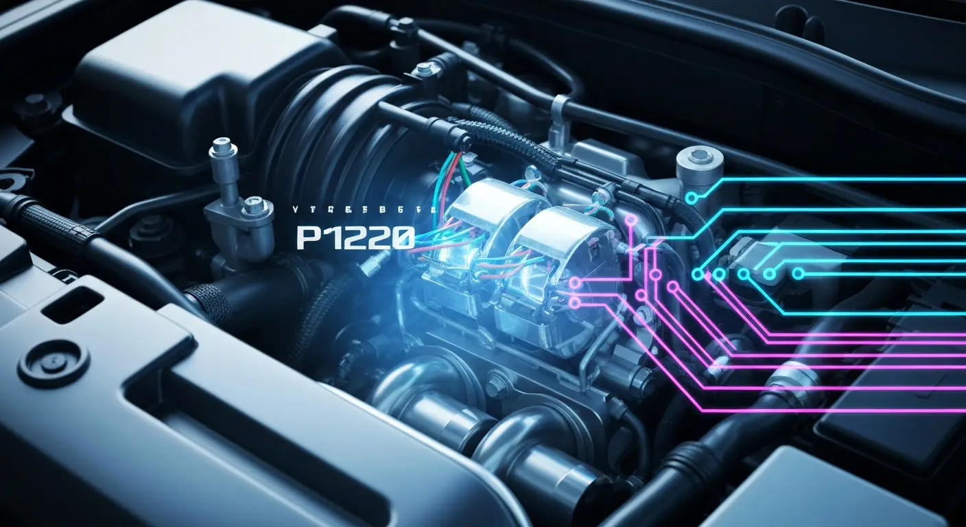Ilustracija senzora položaja leptira za gas (TP Sensor 2) montiranog na usisnoj grani motora, sa prikazanim električnim vezama i dijagnostičkim alatom koji meri napon senzora.