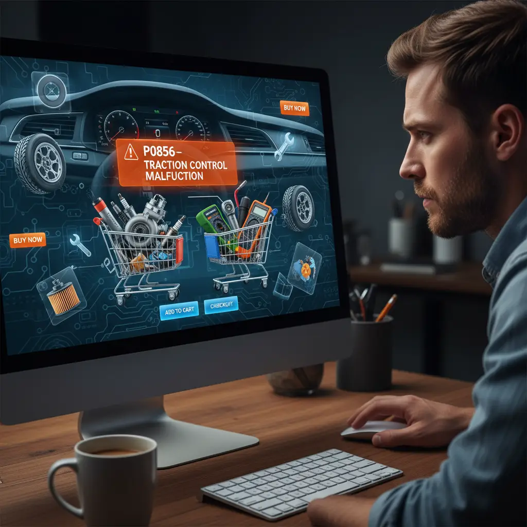 Instrument tabla automobila prikazuje lampicu upozorenja za kontrolu proklizavanja, uz digitalnu poruku o grešci P0856 – kvar sistema za kontrolu vuče.