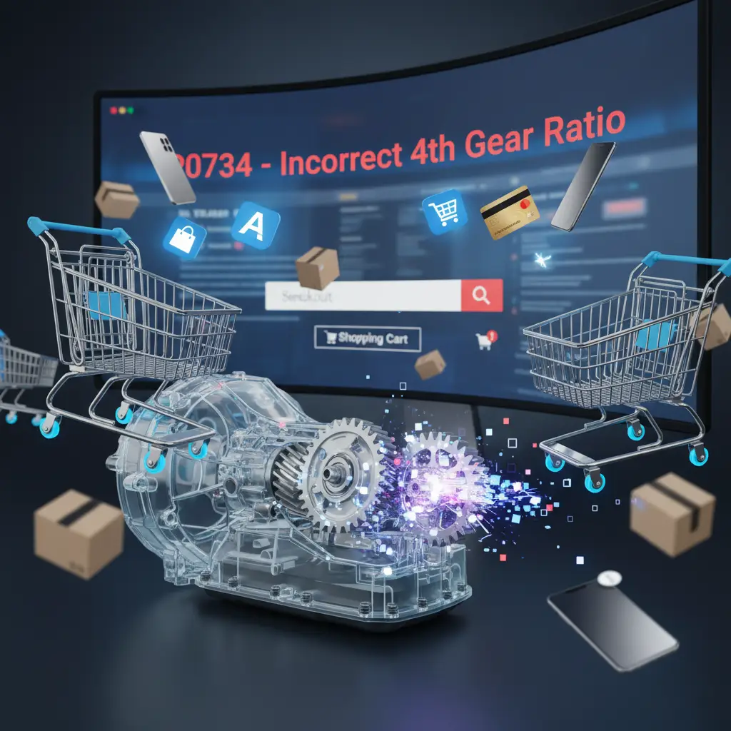 Instrument tabla automobila prikazuje lampicu za proveru motora, dok digitalni ekran signalizira grešku P0734 – neispravan odnos četvrte brzine u menjaču.