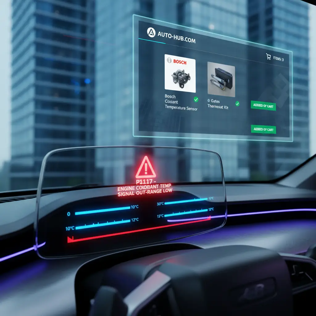Instrument tabla automobila prikazuje upaljenu lampicu za proveru motora, dok digitalni ekran očitava nisku temperaturu rashladne tečnosti.