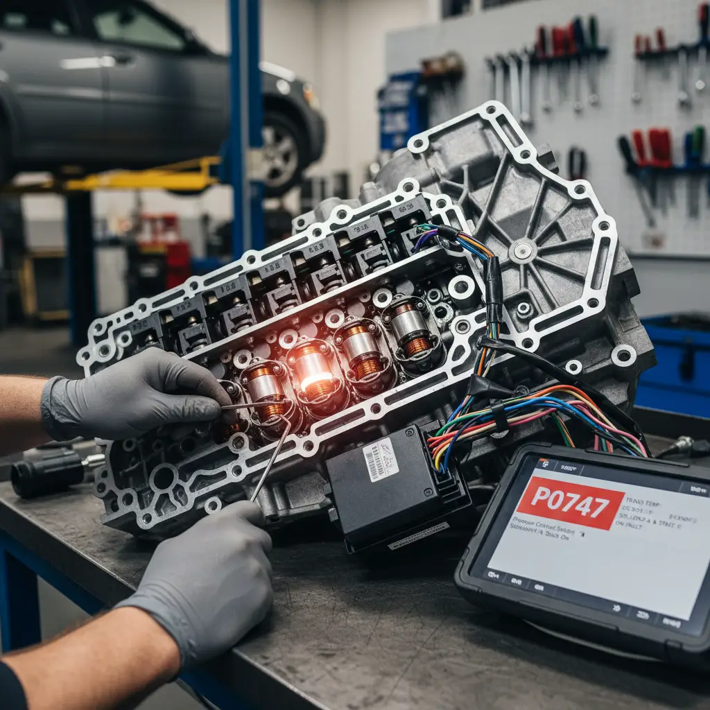Kod greške P0747 označava da je solenoid za upravljanje pritiskom automatskog menjača zaglavljen u ON položaju, što može dovesti do problema pri promeni brzina tokom online kupovine automobila.
