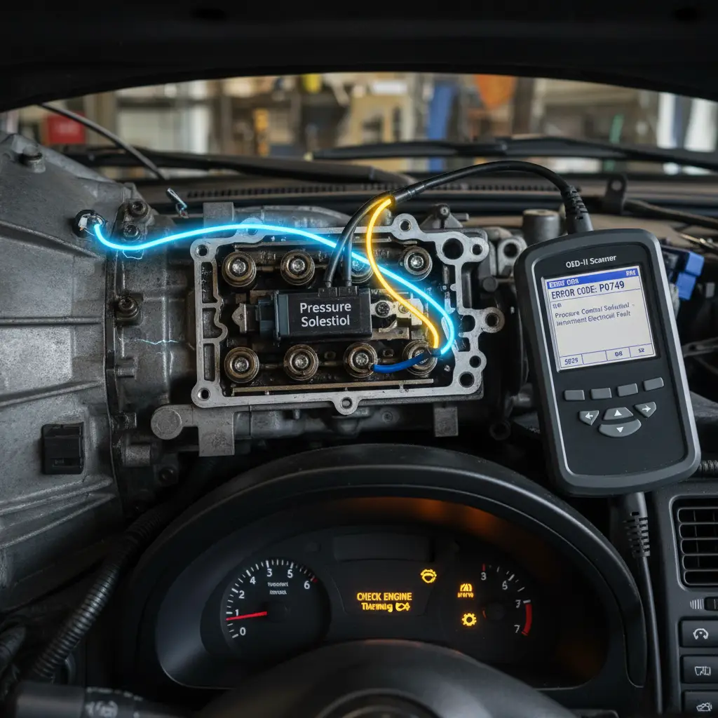 Kod greške P0749 označava da postoji povremeni problem sa solenoidom za kontrolu pritiska menjača, što može uticati na pravilno funkcionisanje automatskog menjača i preporučuje se proveriti ovo pre kupovine polovnog vozila online.