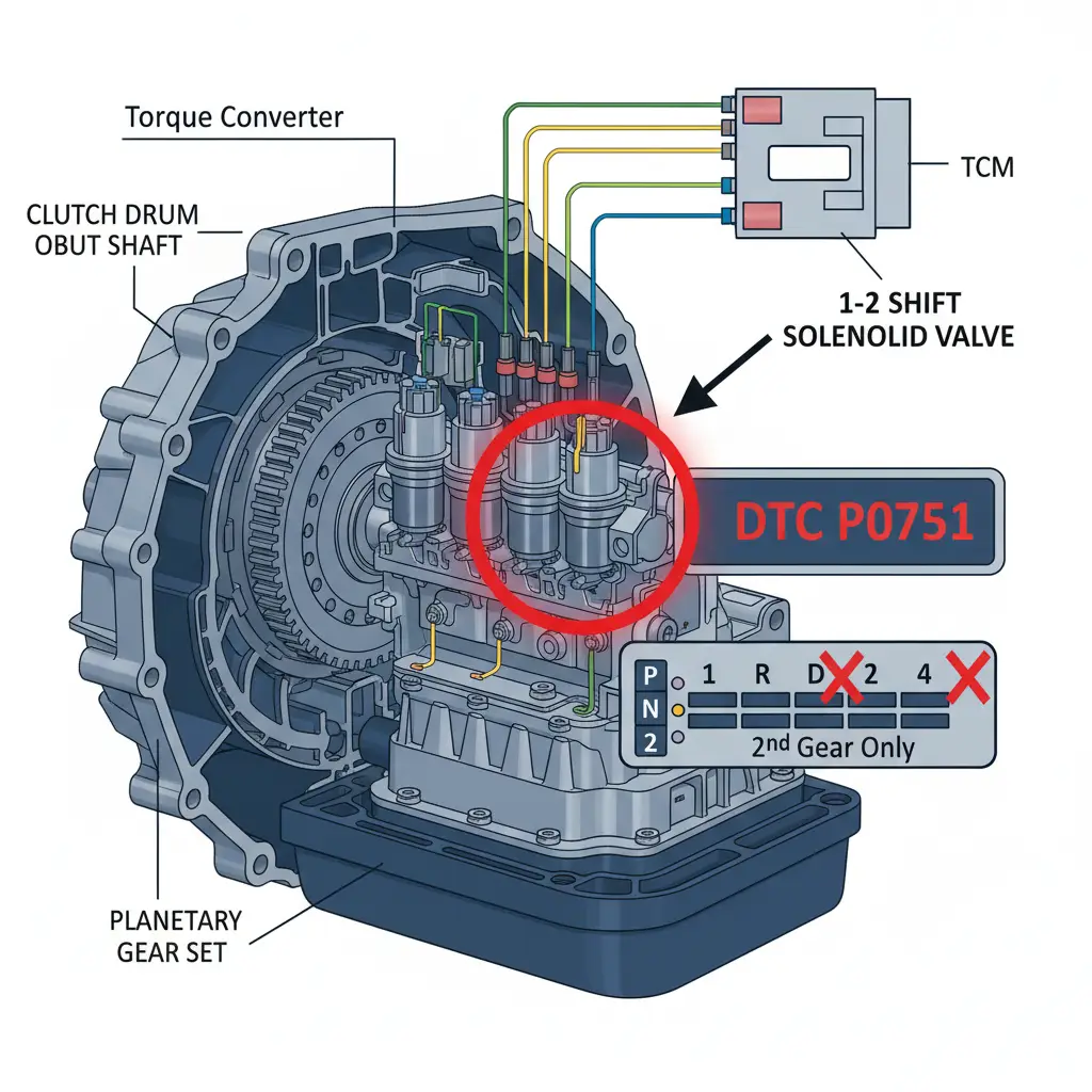 Kod greške P0751 označava problem sa radom elektromagnetnog ventila 1-2 menjača, zbog čega automobil nema prvu i četvrtu brzinu—a ovo treba proveriti pre nego što online kupite deo za zamenu.
