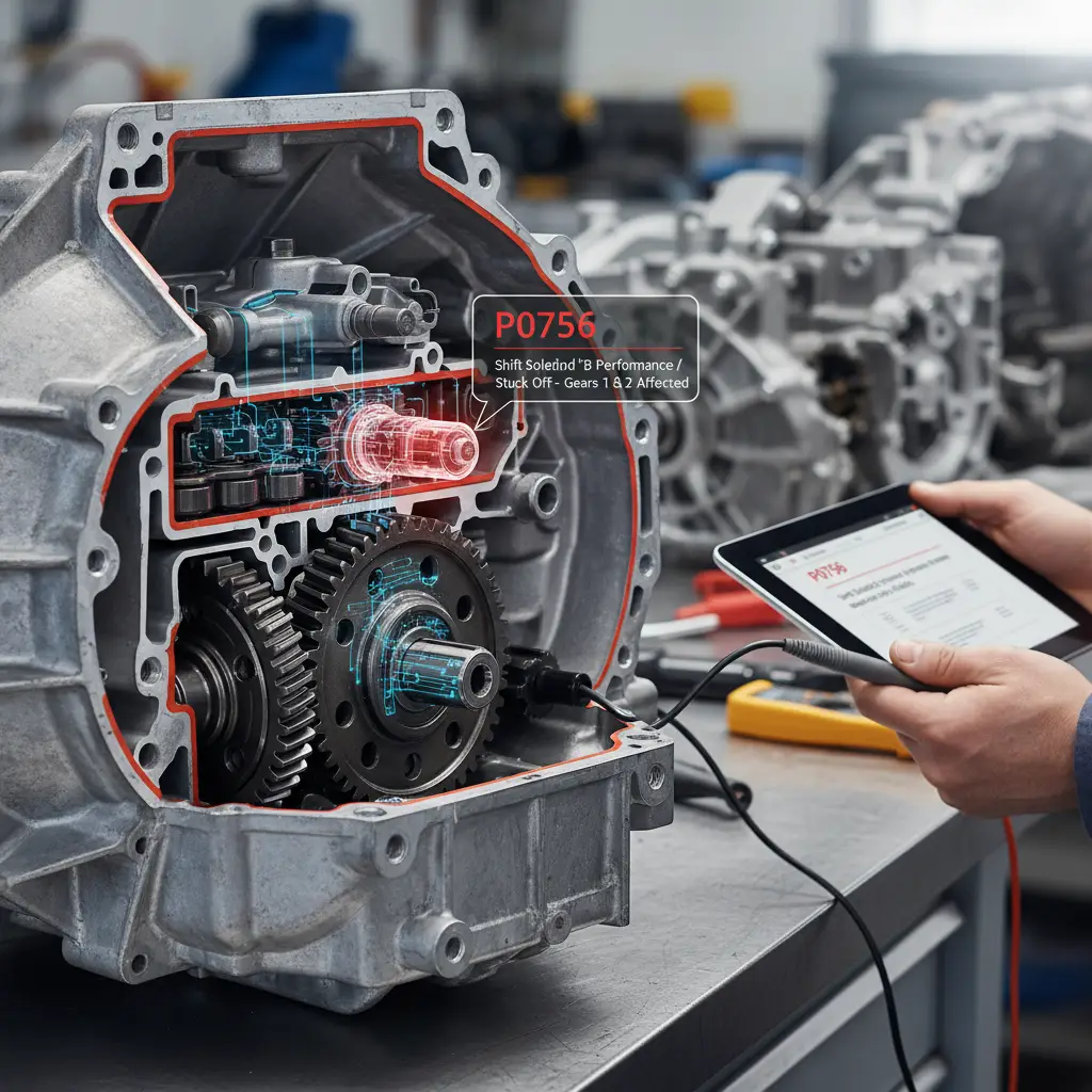 Kod greške P0756 označava problem sa radom elektromagnetnog ventila za promenu iz 2. u 3. brzinu, što može uzrokovati nemogućnost prelaska u prvu ili drugu brzinu kod automobila, pa je preporučljivo online naručiti odgovarajući zamenjeni deo ili set za popravku.