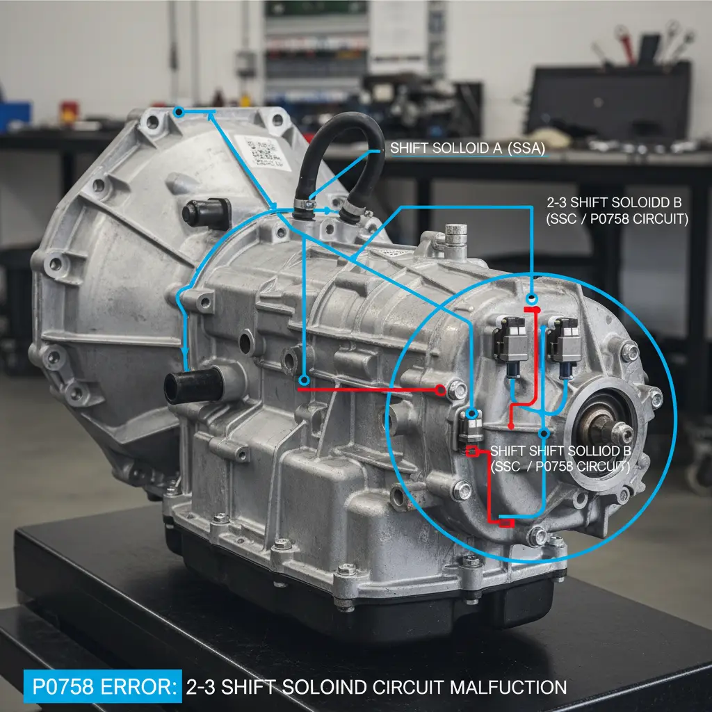 Kod greške P0758 označava problem sa električnim kolom solenoida za promenu iz 2. u 3. brzinu u automatskom menjaču, što može uticati na bezbednost i pouzdanost vozila kupljenih putem online kupovine.