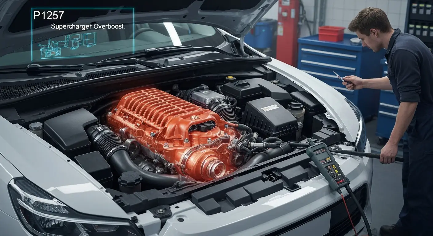 Kod greške P1257 označava da je detektovan preveliki pritisak u turbo ili supercharger sistemu, što može ukazivati na problem sa regulacijom pritiska ili neispravan ventil.