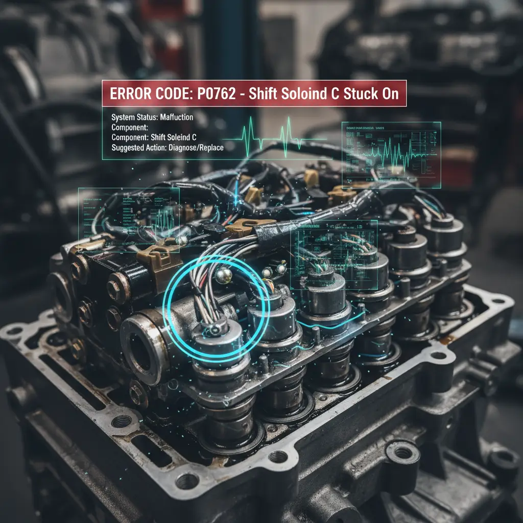Kod P0762 označava da je elektromagnetni ventil C menjača zaglavljen u uključenom položaju, što može uzrokovati probleme pri online kupovini rezervnih delova za menjač.