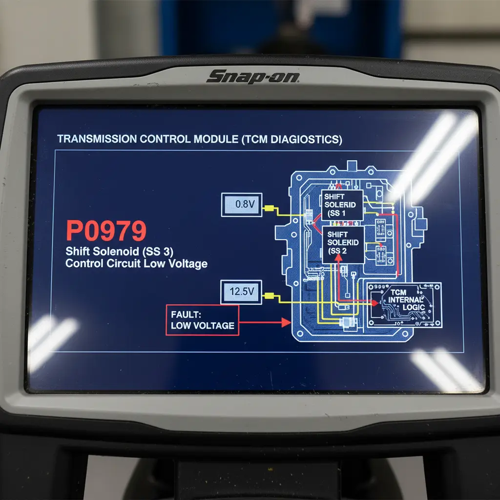 Kod P0979 označava nizak napon u kontrolnom kolu treće šift solenoida (SS3) na TCM-u, što može uticati na funkcionalnost vozila prilikom online kupovine auto-delova.