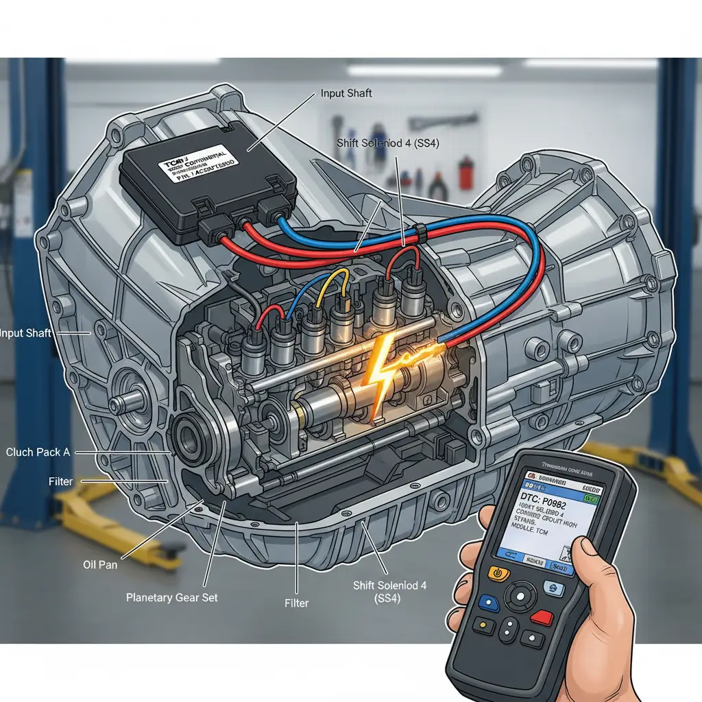 Kod P0982 označava visok napon u kontrolnom krugu četvrtog solenoida menjača, što može otežati online kupovinu auto delova zbog potrebe za preciznim izborom odgovarajućeg dela.