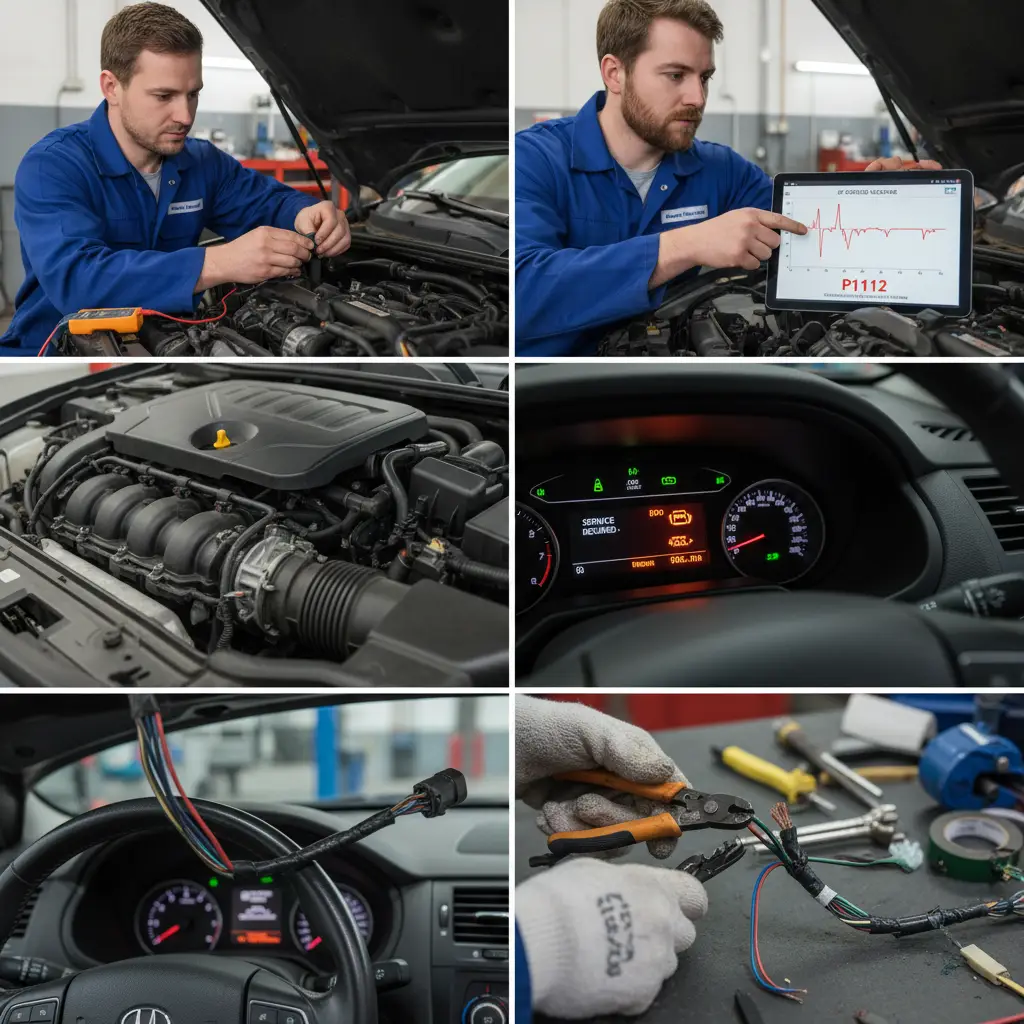 Kod P1112 označava da je napon na senzoru temperature usisnog vazduha (IAT) povremeno prenizak, što može uticati na pravilan rad motora i zahteva proveru pre online kupovine zamenskih delova.