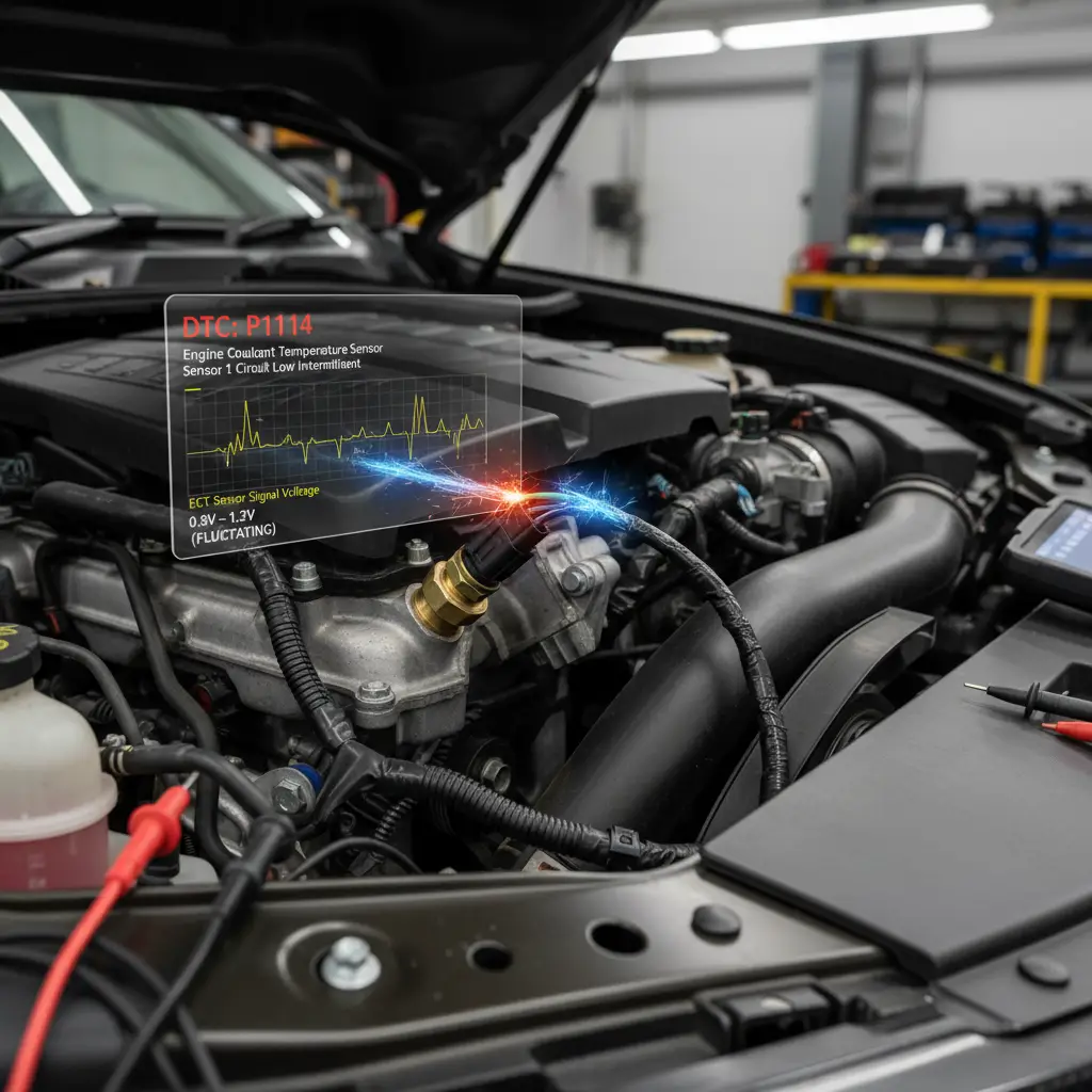 Kod P1114 označava povremeno nisku voltažu u krugu senzora temperature rashladne tečnosti motora (ECT), što može uzrokovati probleme pri online kupovini auto-delova zbog neispravnog očitavanja temperature.