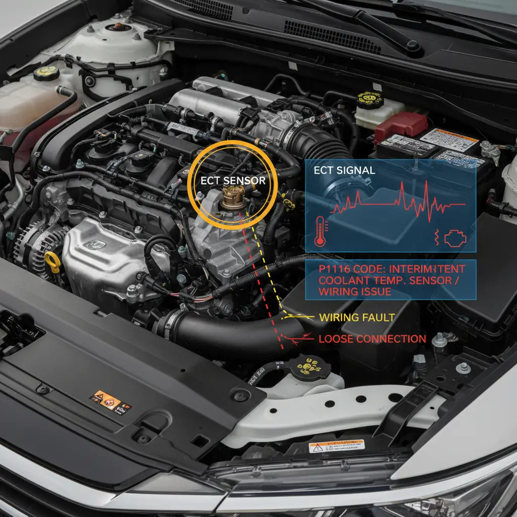 Kod P1116 označava da je signal sa ECT senzora nestabilan ili povremen, što može uticati na pravilno funkcionisanje motora i preporučuje se online kupovina novog ECT senzora za zamenu.