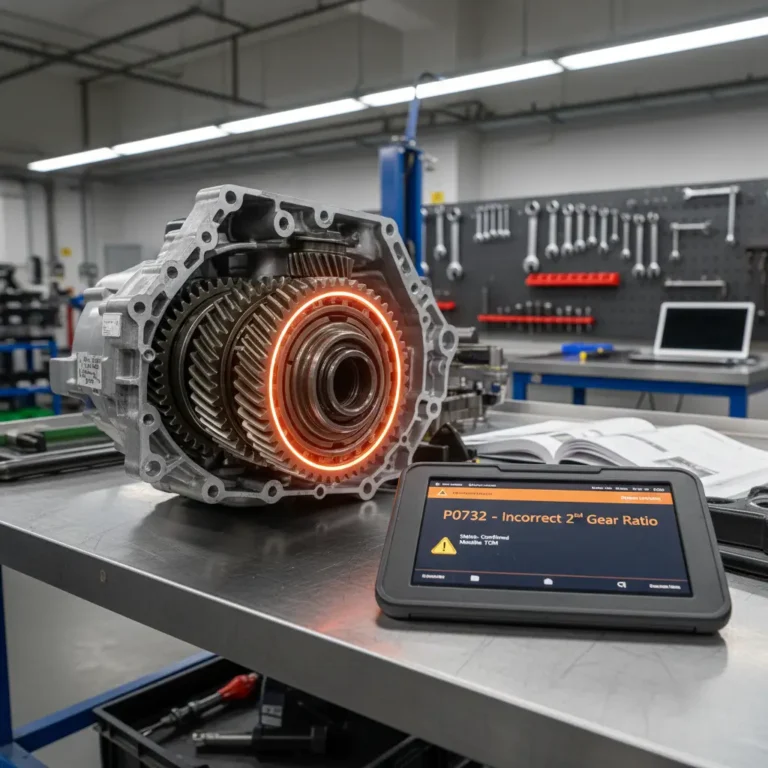 P0732 – Neispravan odnos prenosa u 2 brzini Online kupovina: žena sedi za stolom sa laptopom, pored nje korpa sa proizvodima; na ekranu prikazan P0732 greška menjača.