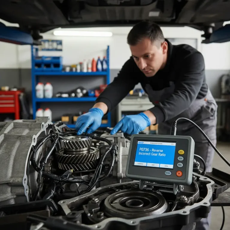 Automobil na ekranu laptopa sa greškom P0736, simbolizuje problem sa online kupovinom auto-delova zbog pogrešnog odnosa brzina unazad