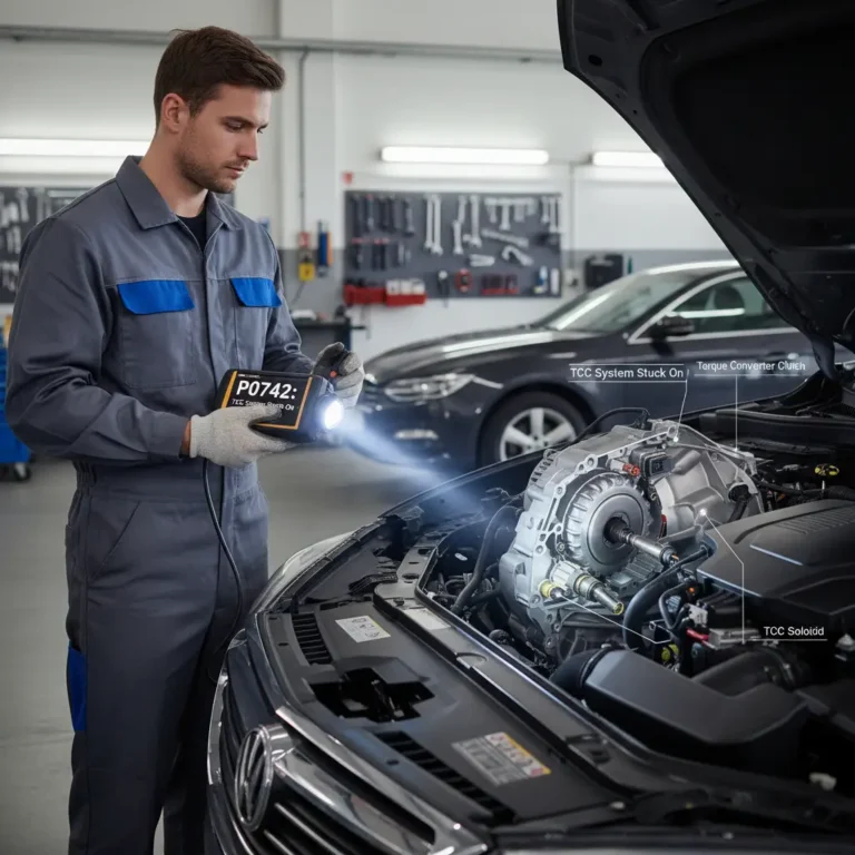 Automobil sa upaljenom check engine lampicom, kod greške P0742, na ekranu laptopa tokom online kupovine auto delova, sve u radnom okruženju.