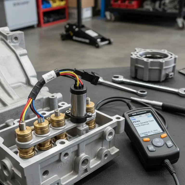 P0743 – Električni krug solenoida za aktivaciju TCC-a Kupovina elektrodelova za TCC solenoid P0743 online, prikaz solenoida i laptopa sa sajtom za auto delove na ekranu.