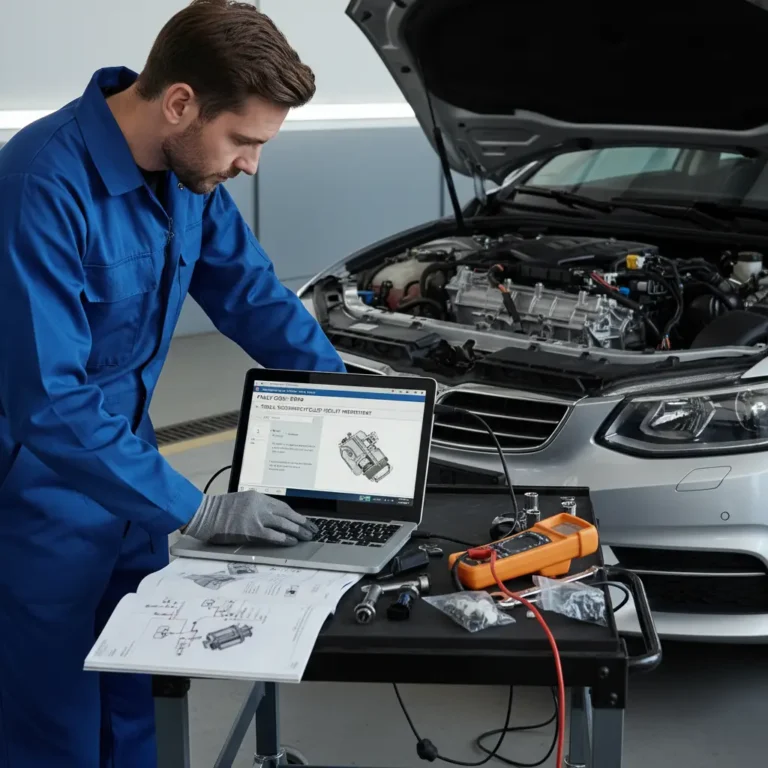 P0744 – Povremeni prekid u krugu spojnice pretvarača obrtnog momenta Automobil na dijagnostičkom uređaju prikazuje online kupovinu delova zbog P0744 greške kvačila obrtnog momenta, fokus na ekranu laptopa.