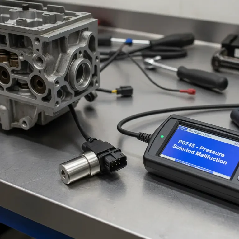 Solenoid pritiska sa greškom P0745, simbol automobila i upozorenje, prikazano uz online kupovinu auto delova na ekranu računara.