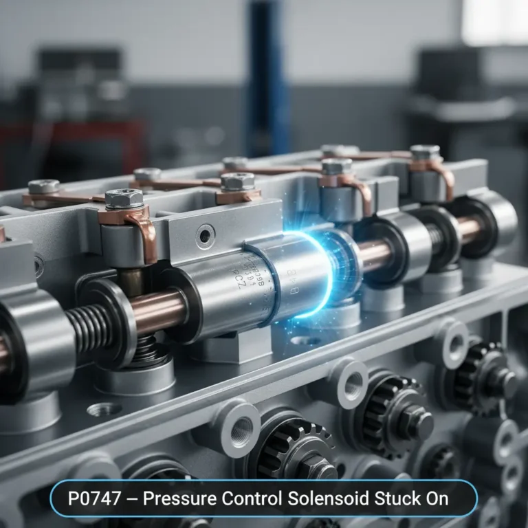 Solenoid pritiska menjača zaglavljen, P0747 kod, ikonica online kupovine, žuta lampica motora, simbol automobila i korpe za kupovinu.