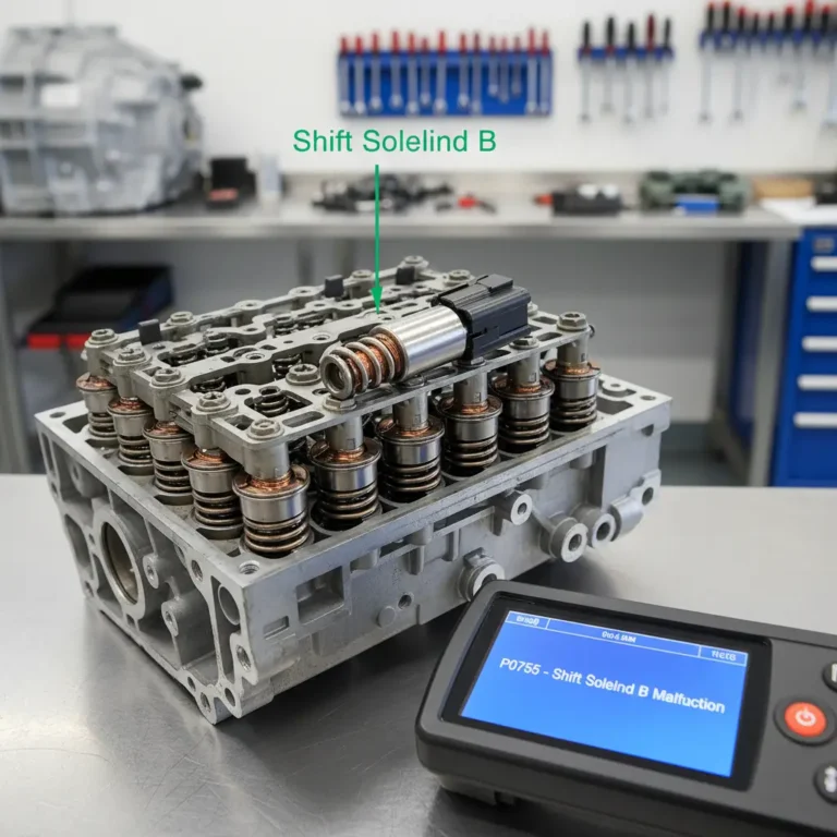 Automobil na dizalici, mehaničar proverava menjac, na ekranu prikazan P0755 kod, laptop pored za online naručivanje zamenskih delova.