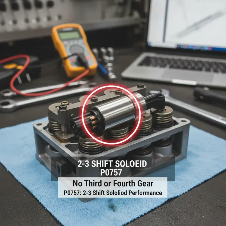 P0757 – Performanse solenoida ventila za prebacivanje 2-3: Nema treće ili četvrte brzine Automobil na dizalici, istaknuta menjačka kutija, online naručivanje rezervnih delova za P0757 grešku, fokus na shift solenoid ventil.