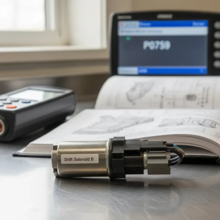 P0759 – Povremeni problem sa solenoidom menjača B Automobil na dizalici, mehaničar proverava automatski menjač, na ekranu dijagnostički kod P0759, online kupovina zamenske solenoida.