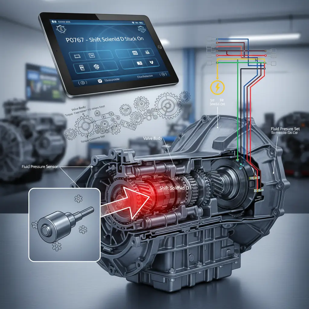 P0767 - Shift Solenoid D Stuck On označava da je elektromagnetni ventil D za menjanje brzina zaglavljen u uključenom položaju, što može otežati isporuku ili prevoz online poručene robe zbog problema sa automatskim menjačem.