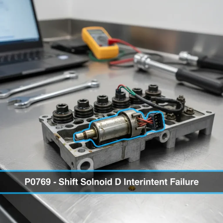 Online kupovina autodijelova, selektor menjača, istaknuta greška P0769 – Shift Solenoid D Intermittent, informativni prikaz za vozače i mehaničare.