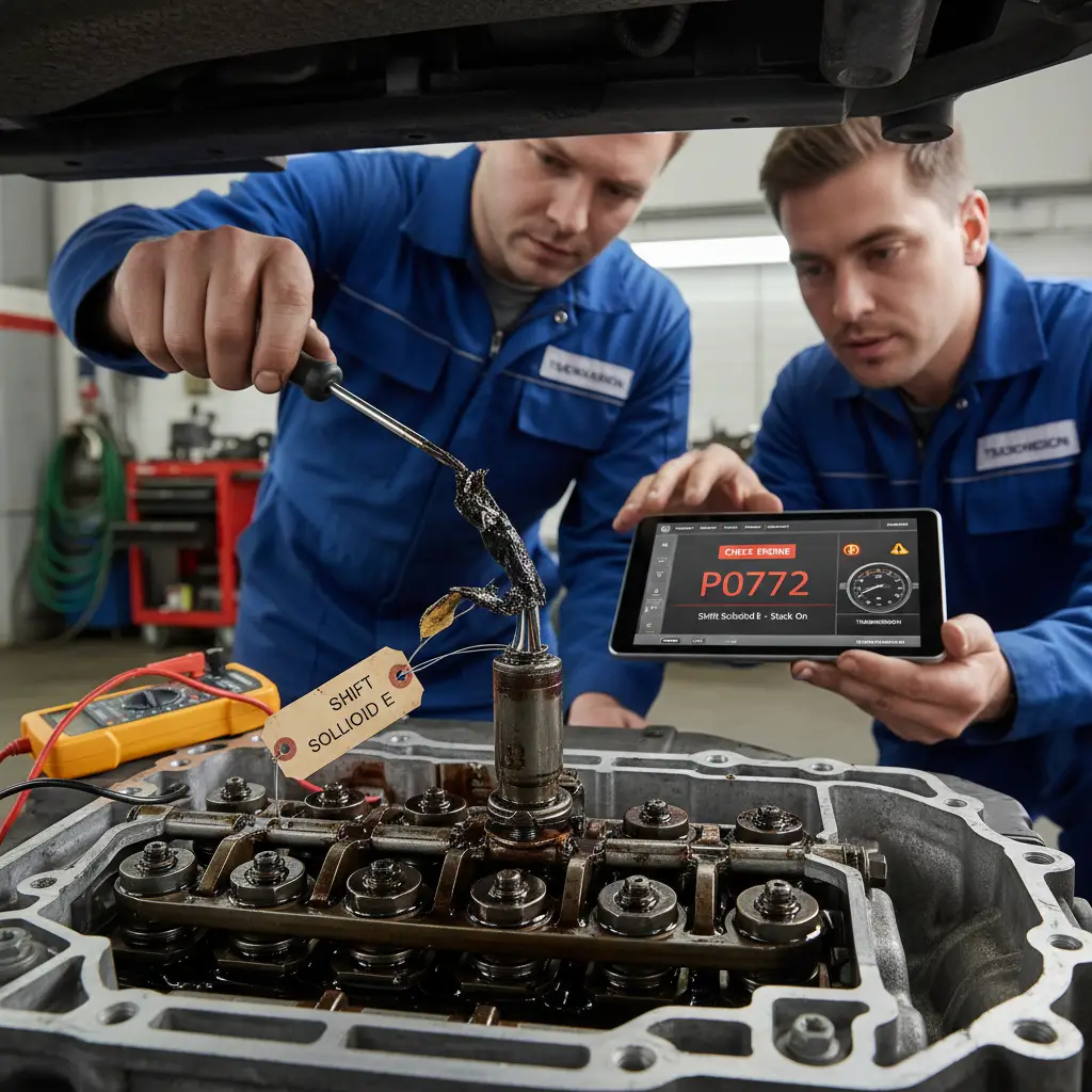 P0772 - Shift Solenoid E Stuck On označava da je elektromagnet E menjača zaglavljen u uključenom položaju, što može otežati online kupovinu delova za popravku automobila.