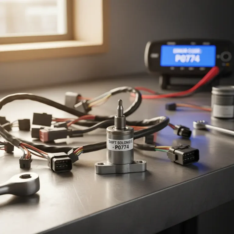 P0774 – Povremeni problem sa solenoidom za promenu brzina E Automobil na dijagnostičkom skeneru, kod greške P0774 prikazan na ekranu, okružen delovima menjača, tema je online kupovina auto delova.