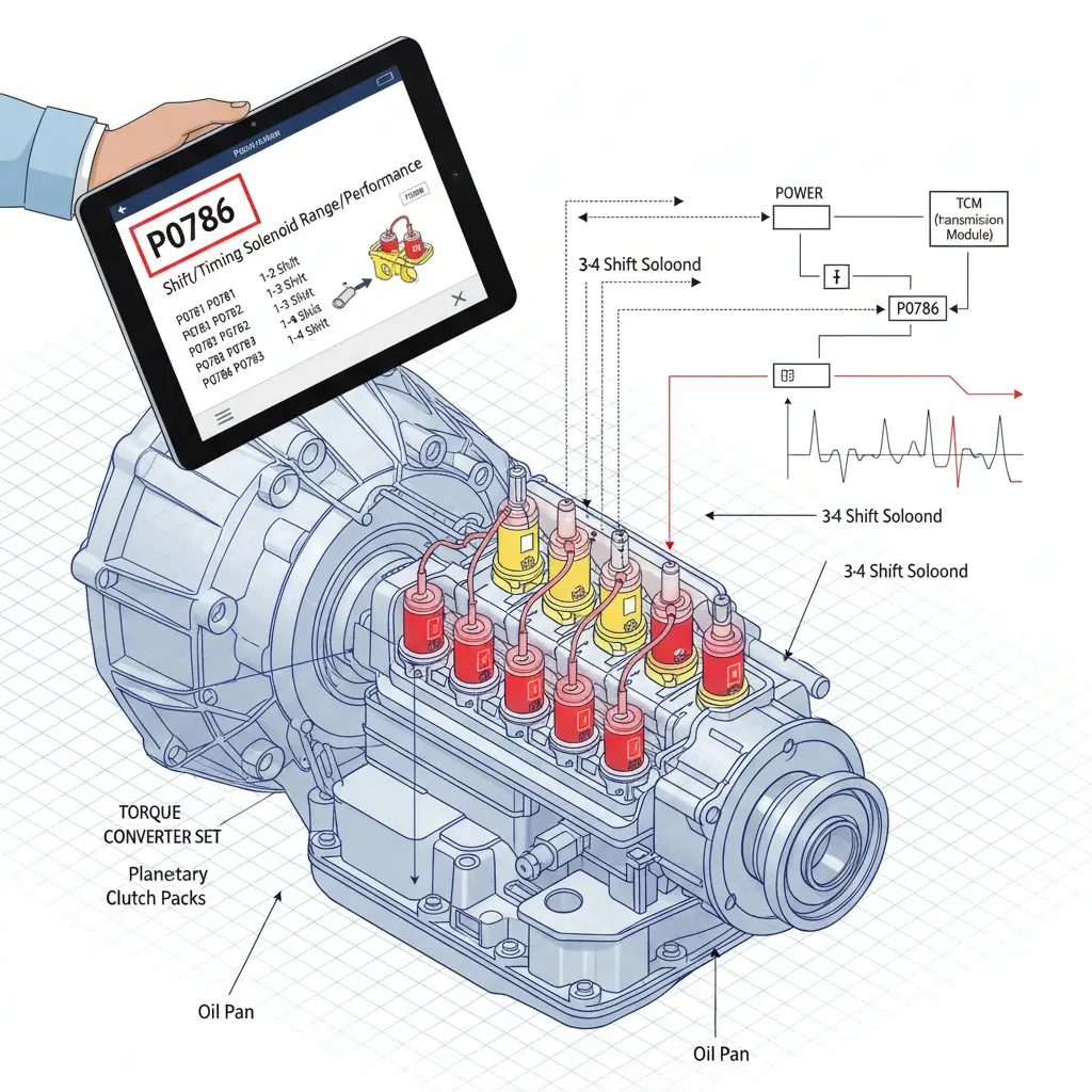 P0786 - Greška Shift/Timing Solenoid Range/Performance označava problem sa radom solenoida menjača, koji može uticati na izbor brzina tokom online kupovine automatskih delova.