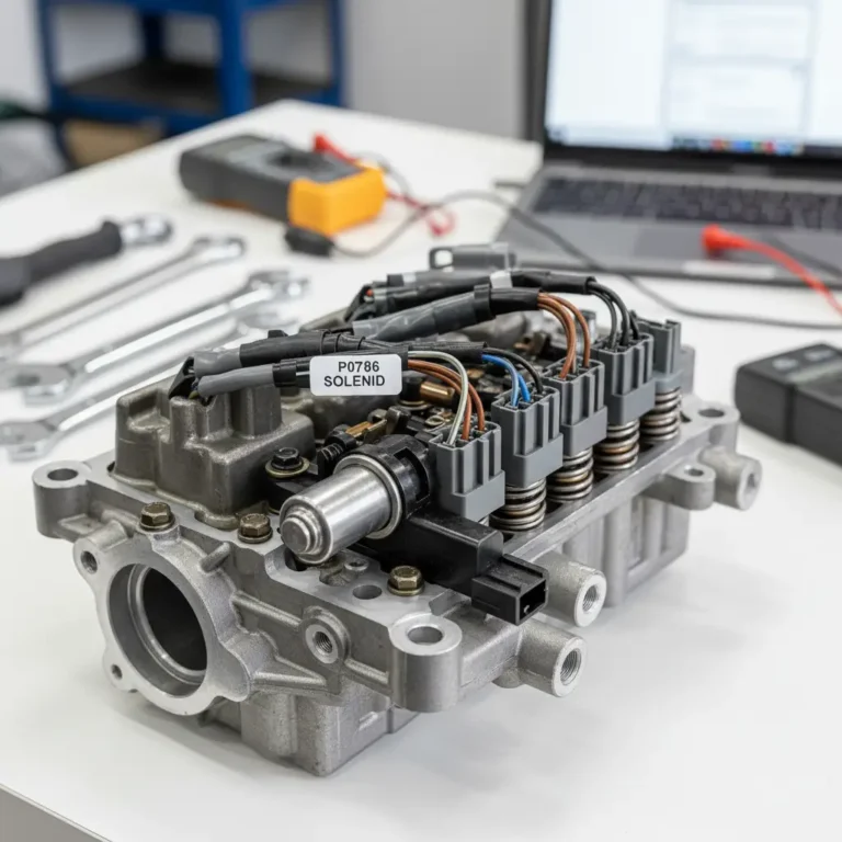 Online kupovina auto delova – prikaz menjača i P0786 greške (Shift/Timing Solenoid), naglašava važnost pravog izbora solenoida putem interneta.