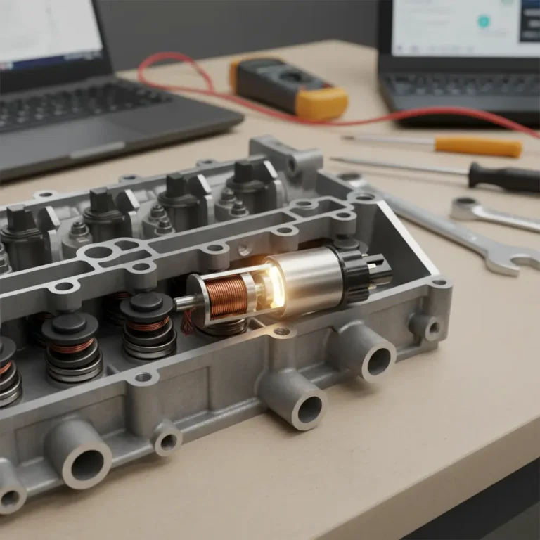 P0787 – Elektromagnet ventila za promenu brzina/temporalni ventil niska vrednost Online kupovina autodijelova: prikaz elektro-magnetne solenoide menjača sa greškom P0787 (nizak napon), delovi i alati istaknuti na ekranu.