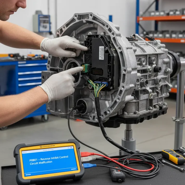 Online kupovina: korisnik na laptopu, upozorenje o P0801 grešci na ekranu, signalizirajući problem sa reverse inhibit kontrolnim kolom automobila.