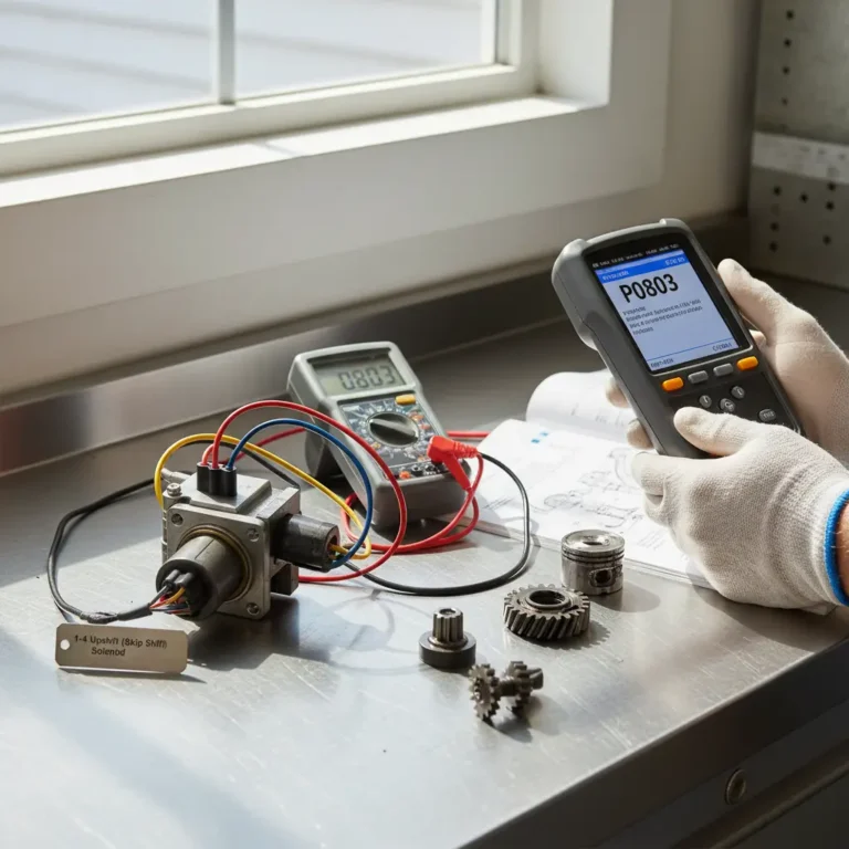 Online kupovina auto delova: prikaz solenoida menjača i P0803 greške, dijagnostički alat, laptop sa e-prodavnica auto delova.