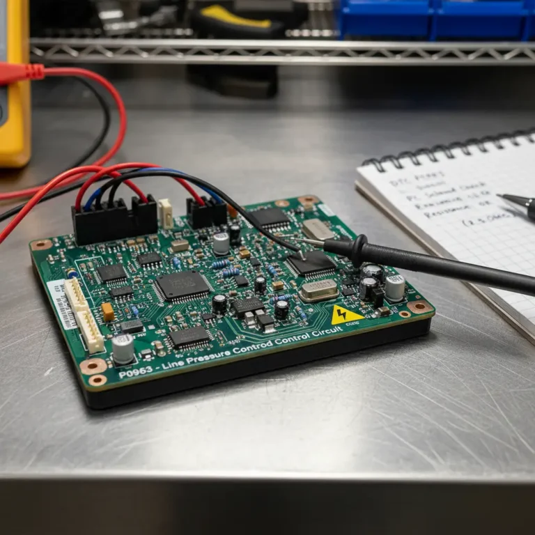 P0963 – Visoki napon u krugu solenoida za kontrolu pritiska linije (TCM) Elektronska tabla automobila sa upaljenom lampicom za grešku, prikaz online naručivanja rezervnih delova za popravku solenoida P0963.