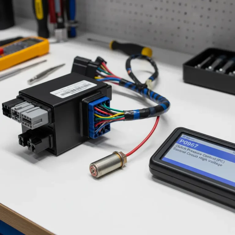 P0967 – Visoki napon u krugu upravljanja solenoida za kontrolu pritiska kvačila (TCM) Kupovina rezervnih delova za automobil online, fokus na solenoid za kontrolu pritiska kvačila (kod P0967), elektronska kola, laptop, korpa za kupovinu.