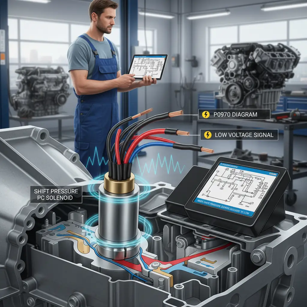 P0970 označava nizak napon u kontrolnom kolu solenoida za kontrolu pritiska menjača (PC) kod automobila, što može uticati na online kupovinu zamenskih delova ili elektronskih komponenti za popravku.