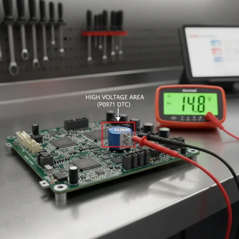 Kupovina automatskog menjača online – prikaz TCM modula i solenoida sa oznakom P0971, dijagnostika i zamena delova za vozila.