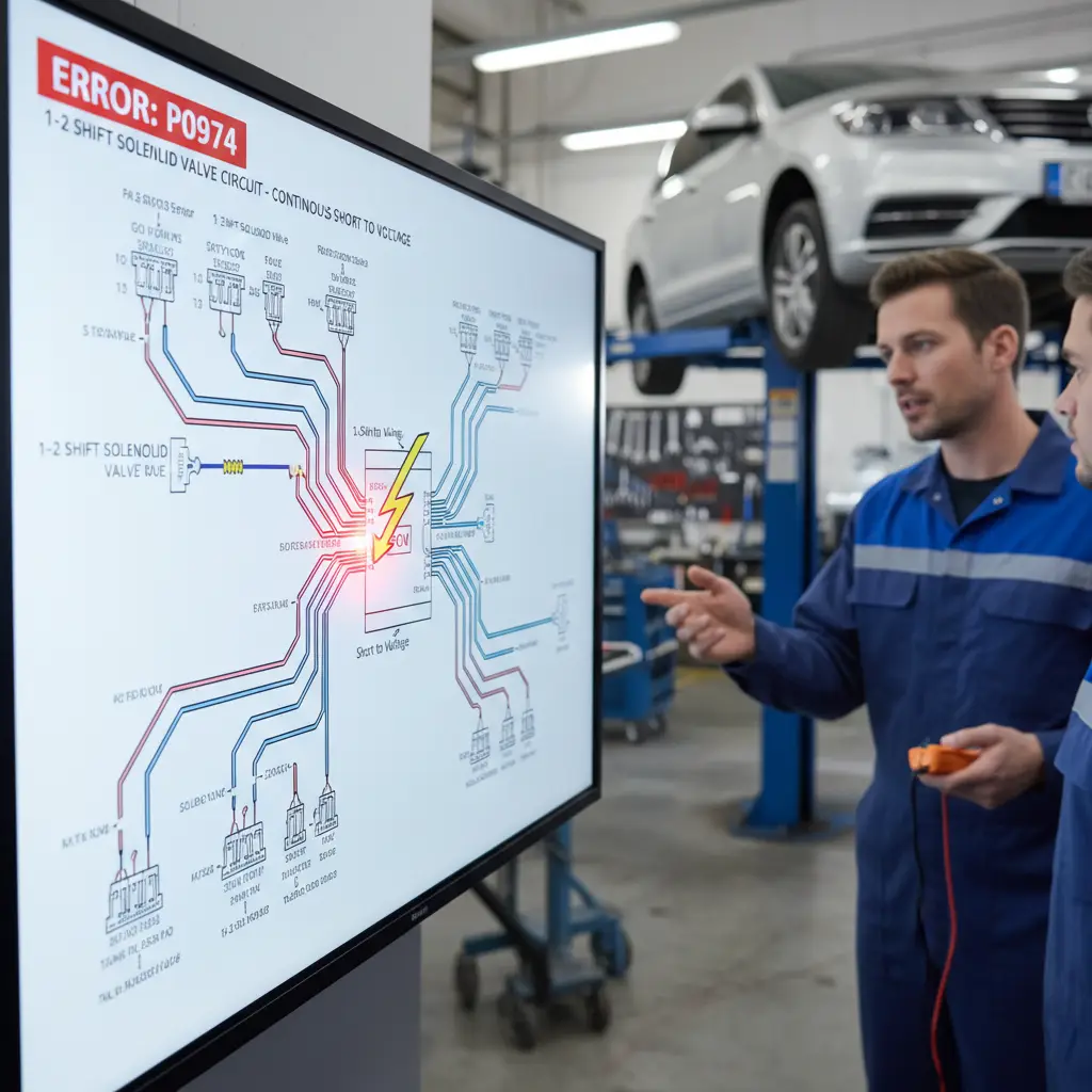 P0974 označava da PCM detektuje stalni kratki spoj na napon u kolu ventila 1-2 SS, što može izazvati probleme pri online kupovini zamenskih delova za automobil.