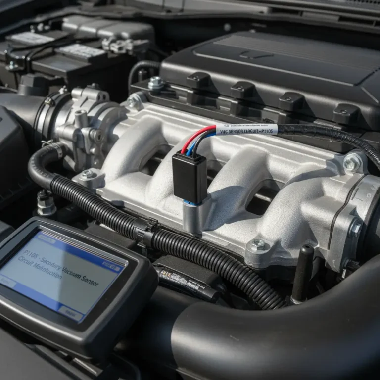 Online kupovina: žena koristi laptop, prikazane ikone korpe i proizvoda, tekst "P1105 - Senzor sekundarnog vakuuma" u gornjem uglu.