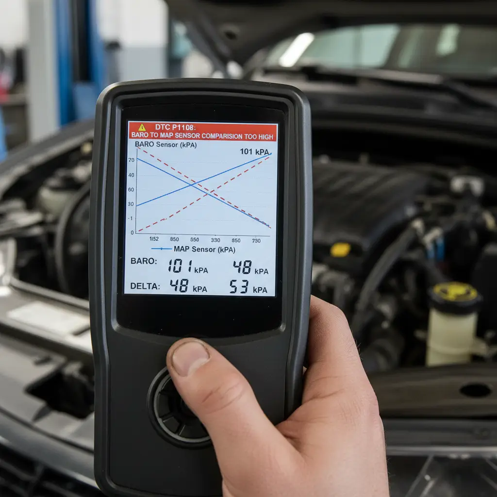 P1108 - BARO to MAP Sensor Comparison Too High označava grešku kod automobila kada razlika između BARO i MAP senzora prelazi dozvoljene granice, što može uticati na pravilno funkcionisanje vozila kupljenih online.