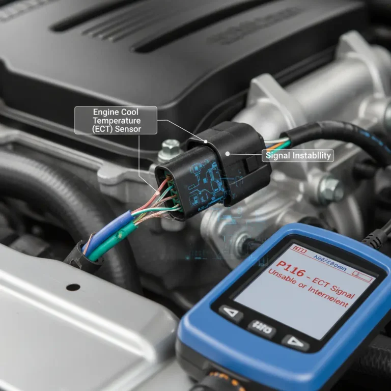 P1116 – Signal temperature rashladne tečnosti nestabilan ili povremen Nestabilan ili povremen ECT signal tokom online kupovine, prikazuje grešku P1116 na ekranu računara uz kolica za kupovinu.