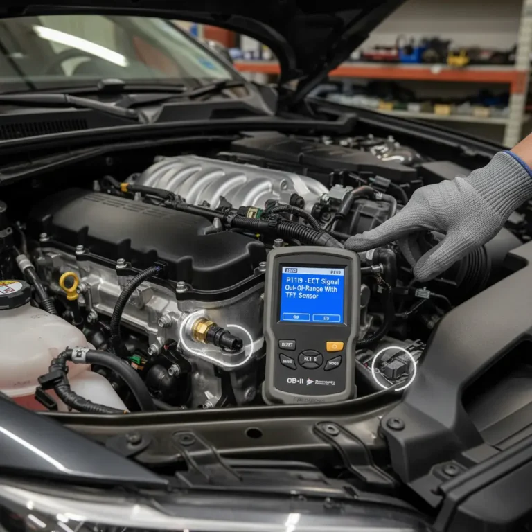 P1119 – Signal ECT van opsega sa TFT senzorom Online kupovina auto delova: senzor ECT sa greškom P1119 i TFT senzorom prikazan na ekranu računara uz korpu za kupovinu.