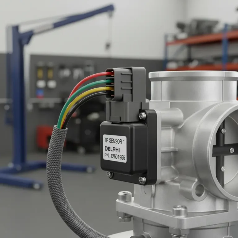 Online kupovina TP senzora: prikaz senzora gasa, elektronski delovi, dijagram kola, laptop, korpa za kupovinu, digitalna kupovina automobilskih delova.