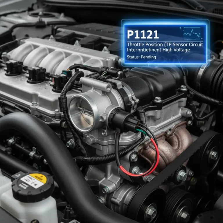 Online kupovina: prikaz senzora položaja leptira gasa (TP) sa povremenim visokim naponom, kod greške P1121, ilustracija elektronske prodavnice auto-delova.