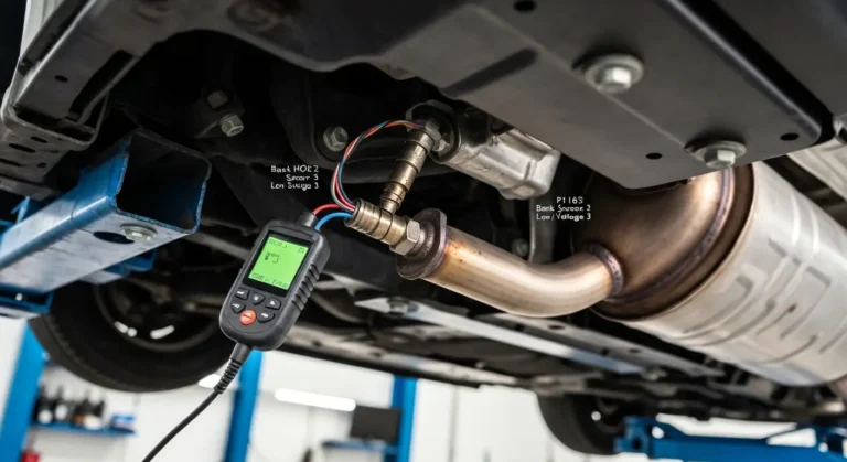 Heated Oxygen Sensor (HO2S) Bank 2 Sensor 3, sistem siromašan ili napon nizak, DTC P1163, automobilska dijagnostika, senzor izduvnih gasova.