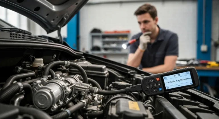Nedovoljan protok pumpe za gorivo kod P1172 greške, prikazuje pumpu, cevovode i upozorenje na instrument tabli automobila.